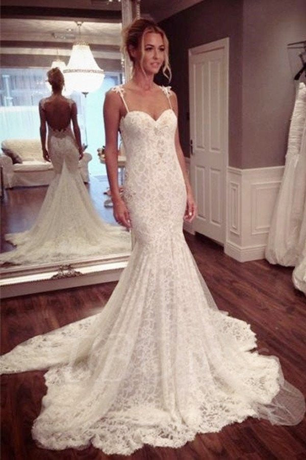Off Sleeve Lace Trumpet Wedding Dress With Long Train - Bridelily
